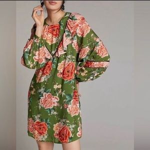 Farm Rio Elinor Anthropologie Exclusive Ruffle Dress in Olive & Coral Floral 2X
